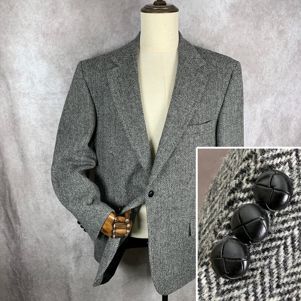 Harris Tweed Blazer Jacket Men 44R Gray Herringbone Sport Coat Vintage NEW